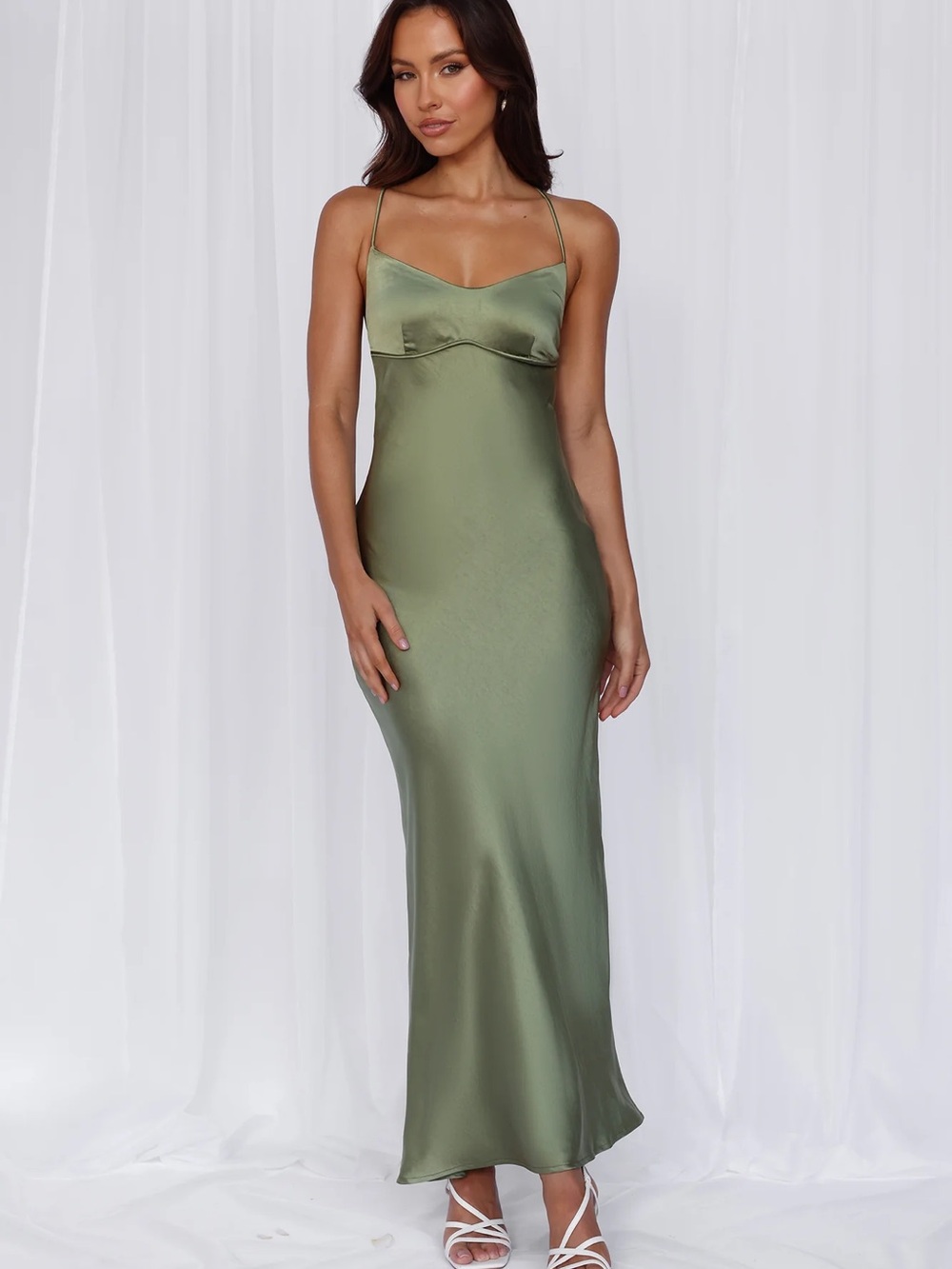 Hello Molly Olive Green Satin Slip Maxi Dress